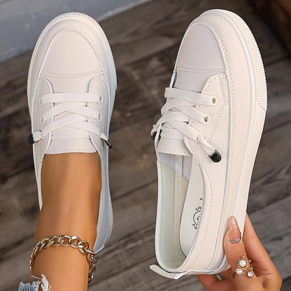 [Non-Slip White Sneakers] Women's Non-Slip White Fashion Sneakers - Wide Toe Lace-Up PU Skate Shoes, Lightweight and Wear-Resistant Outsole Wide-Fit Comfortable Casual Shoes, Shock-Absorbing Soles, Suitable for Daily Commute, Campus, Travel, Outdoor Activ