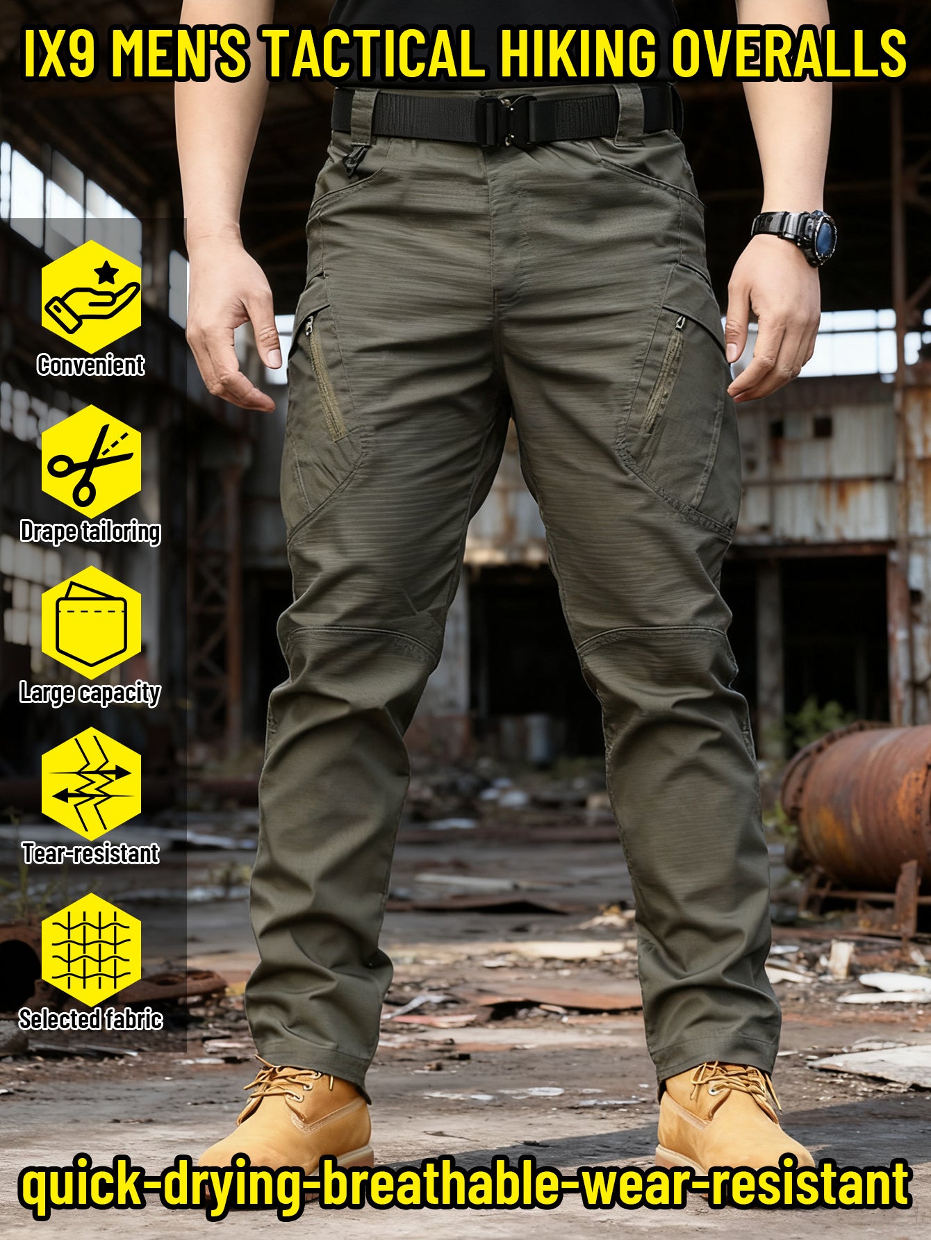 IX9 Men's Outdoor Tactical Overalls- Quick-drying, Breathable, Tear-resistant Outdoor Work Pants and Camping Trousers with Multi-pocket Design, Slim Fit and 3D Tailoring for Climbing, Camping, Hiking, Fishing- All-season Casual Wear