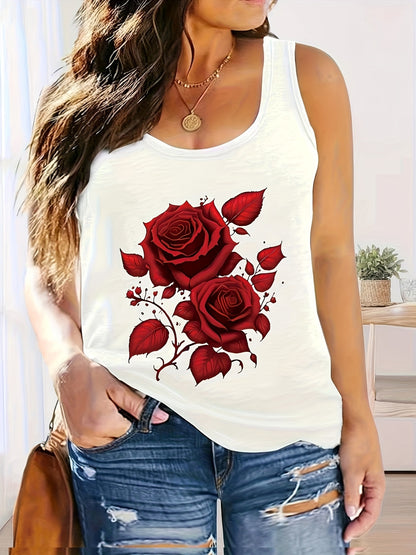Women'S Vacation-Style Off-Shoulder Tank Top with Red Rose Print, Casual Sleeveless Shirt for Spring/Summer, Machine Washable, and Elastane Blend