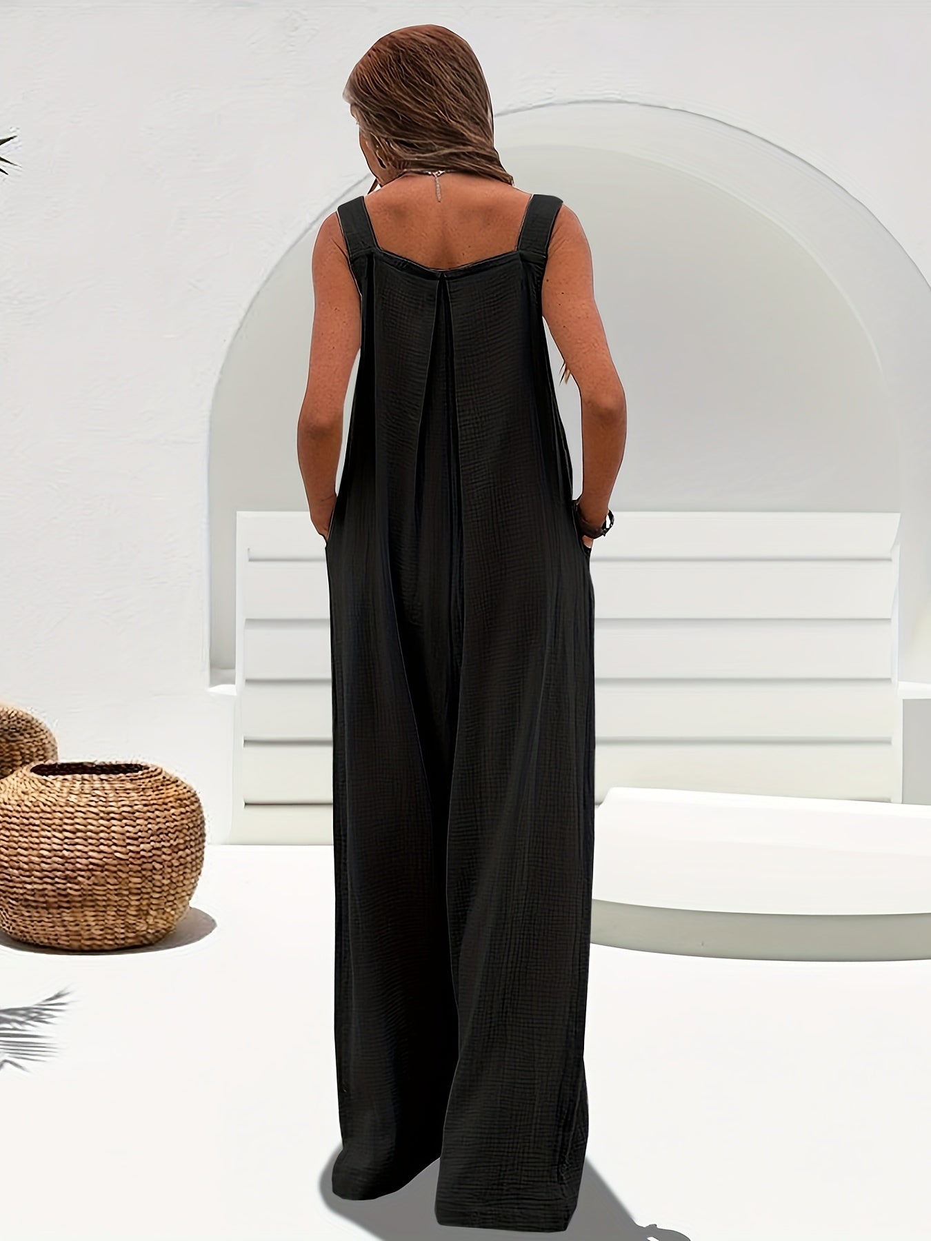 1pc Polyester Women's Sleeveless Cami Jumpsuit Wide Leg Pants, Black Friday/Christmas Wear, Spring/Summer/Fall Casual/Dating, Versatile Machine Washable, Perfect for Summer Vacations, Christmas, Black Friday, Casual Outings, Beach Wear, Parties