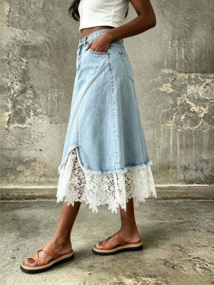 2026 New Summer Lace Splicing Cowboy Skirt, Women'S Big Umbrella Skirt, Elastic Medium Length Skirt, Slim Fit, Light and Mature Style