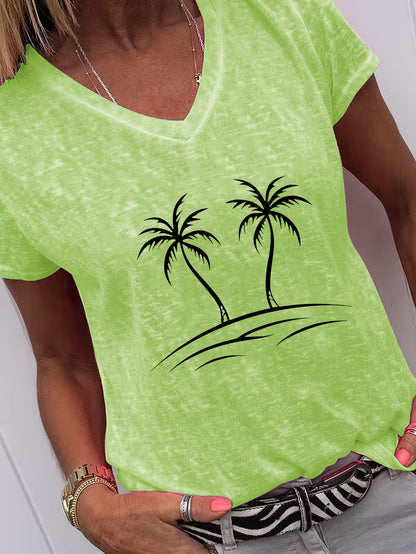 Relaxed Summer V-Neck T-Shirt Featuring a Palm Tree Design, Ideal for Relaxing at Home, Outings, Or As a Gift Option for New Year'S, Valentine'S Day, And Other Occasions
