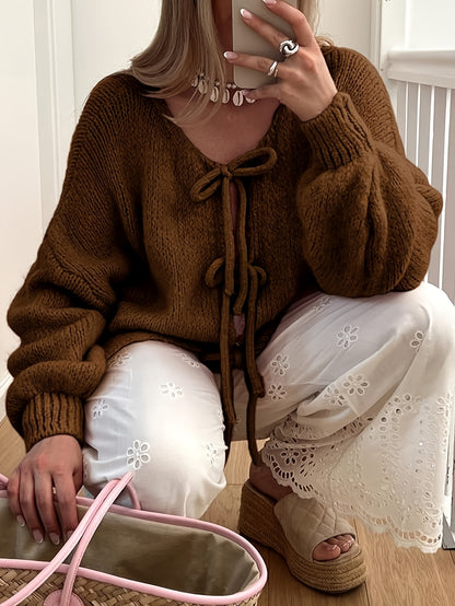 Women'S Oversized Bowtie Sweater Cardigan with Y2K Vibe Long Sleeves V Neck Open Front Casual Wear