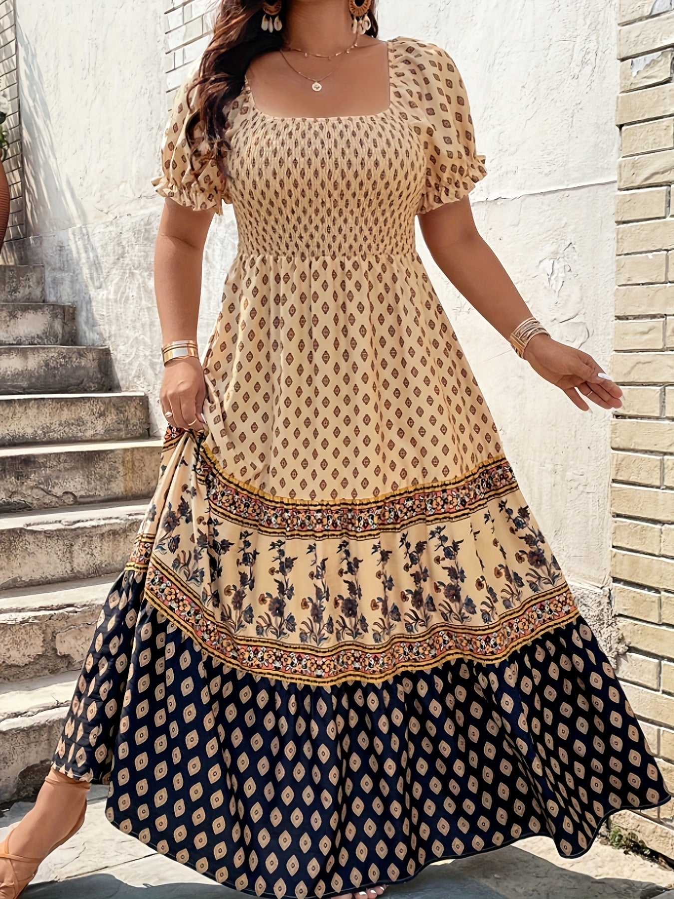 Plus Size - 1pc Spring Summer Mother'S Day Plus Size Women Elegant Bohemian Maxi Dress - Square Neck Puff Sleeve Smocked Bodice Floral Geometric Print Tiered Long Skirt Sophisticated Graceful Style For Vacation Beach Party Wear