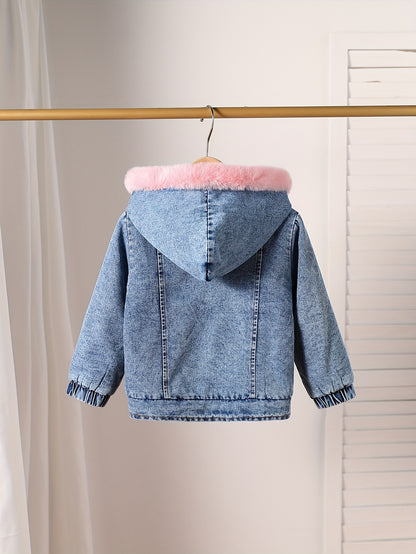 Girls' Patchwork Plush Button Hooded Denim Jacket, CasualLong-sleeved Hooded Jacket for Autumn And Winter, ChildrenDaily Wear, Suitable for Outdoor Activities And Parties