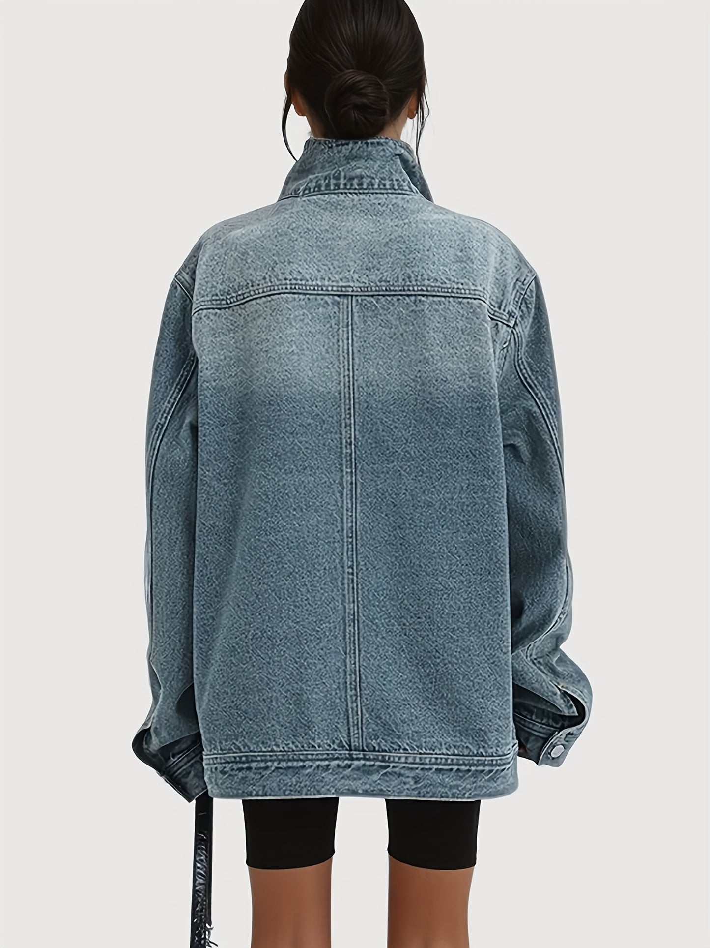 Women's Vintage Washed High Neck Asymmetric Button Denim Jacket - Loose Fit Drop Shoulder Streetwear Coat, Single-Breasted Collar Jacket for Spring/Fall/Winter, Casual Outerwear Blouse