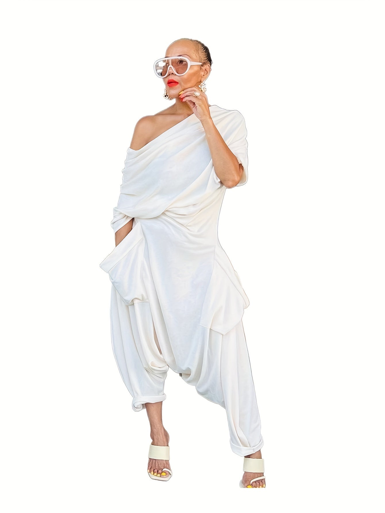 [Elegant Style] Women's Off the Shoulder Haren Jumpsuit, Polyester Knit Fabric, Solid Color, Casual Streetwear Style, with Pockets for Spring/Summer/Fall, Fall Clothing|Hiphop Style Outfit|Comfortable Wear