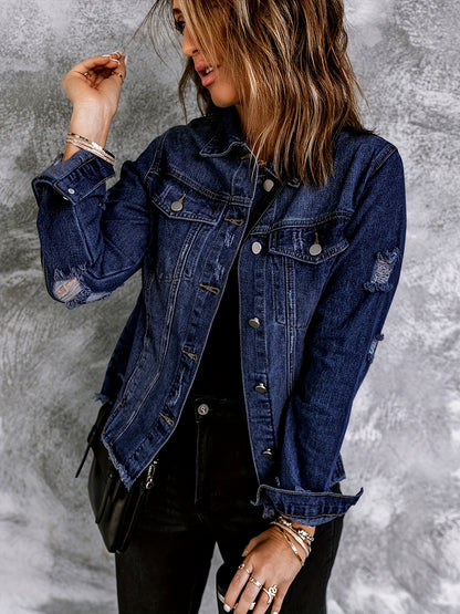 Women's Ripped Washed Button-Up Boyfriend Denim Jacket Coat with Pockets, Casual Classic Distressed Denim Outerwear TZ001