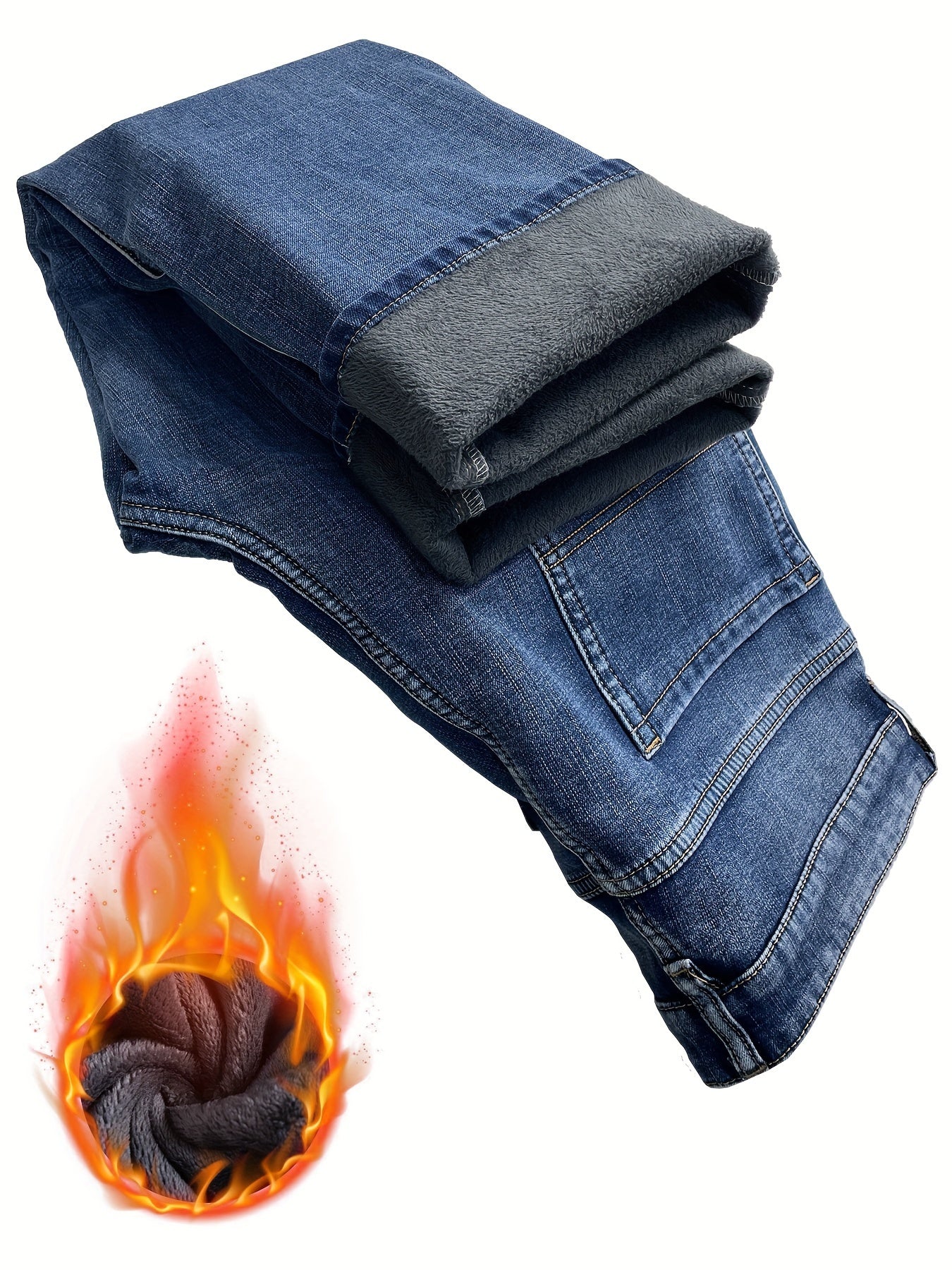 Men's Warm Fleece Stretch Jeans, Loose Casual Fleece Jeans, Straight Mid-waist Fashionable Versatile Jeans, Suitable For Daily, Business, Outdoor