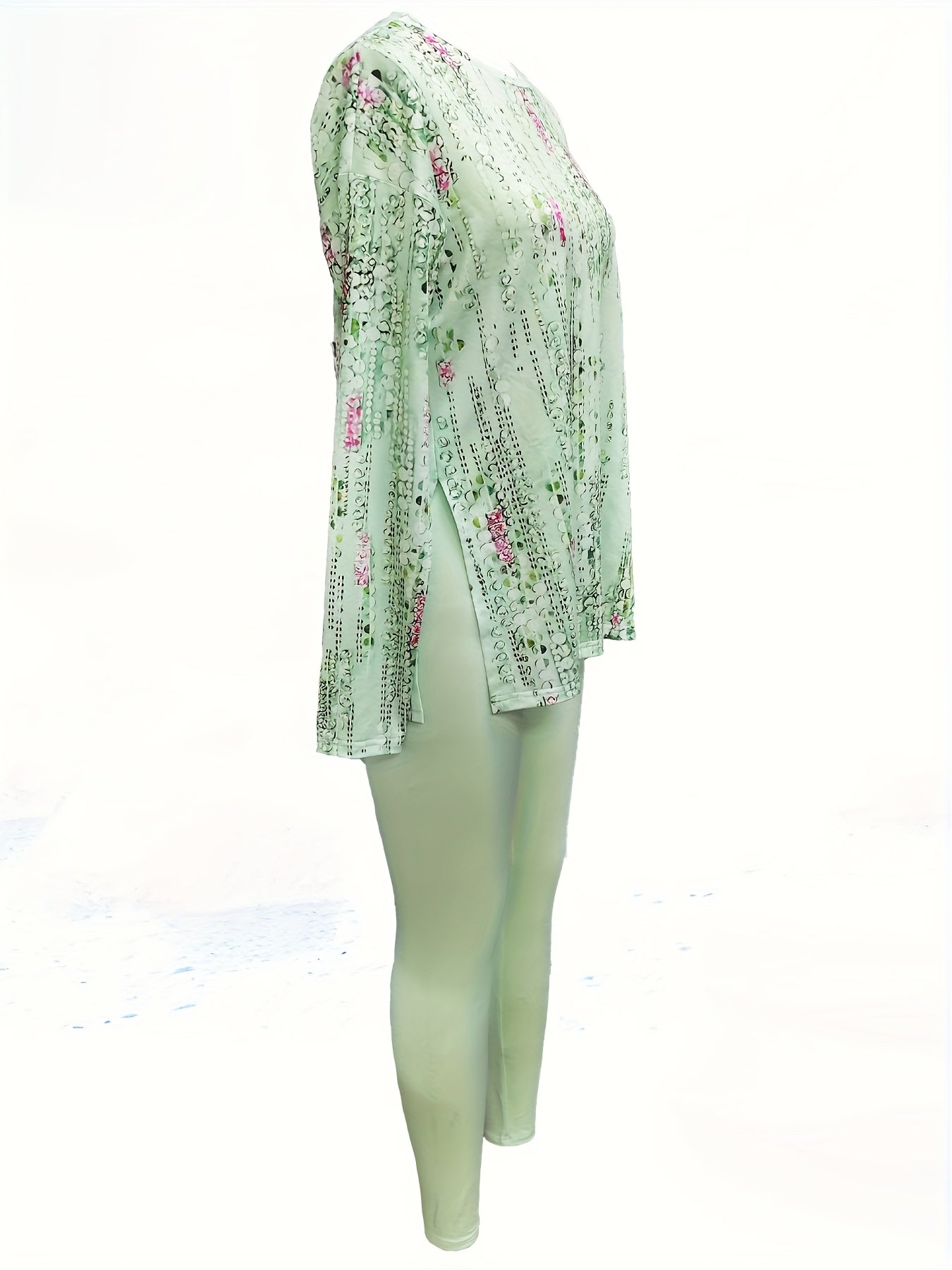 SINHOON Ladies' Attire Stylish Two-Piece Suit - Round Neck Long Sleeve Blouse with Side Slit And Printed Trousers - Ideal for Autumn And Winter Wear