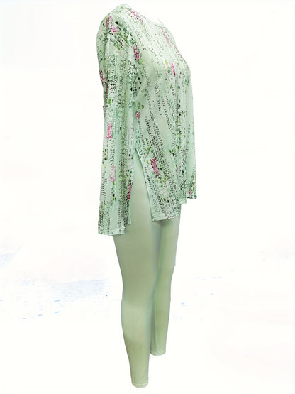 SINHOON Ladies' Attire Stylish Two-Piece Suit - Round Neck Long Sleeve Blouse with Side Slit And Printed Trousers - Ideal for Autumn And Winter Wear