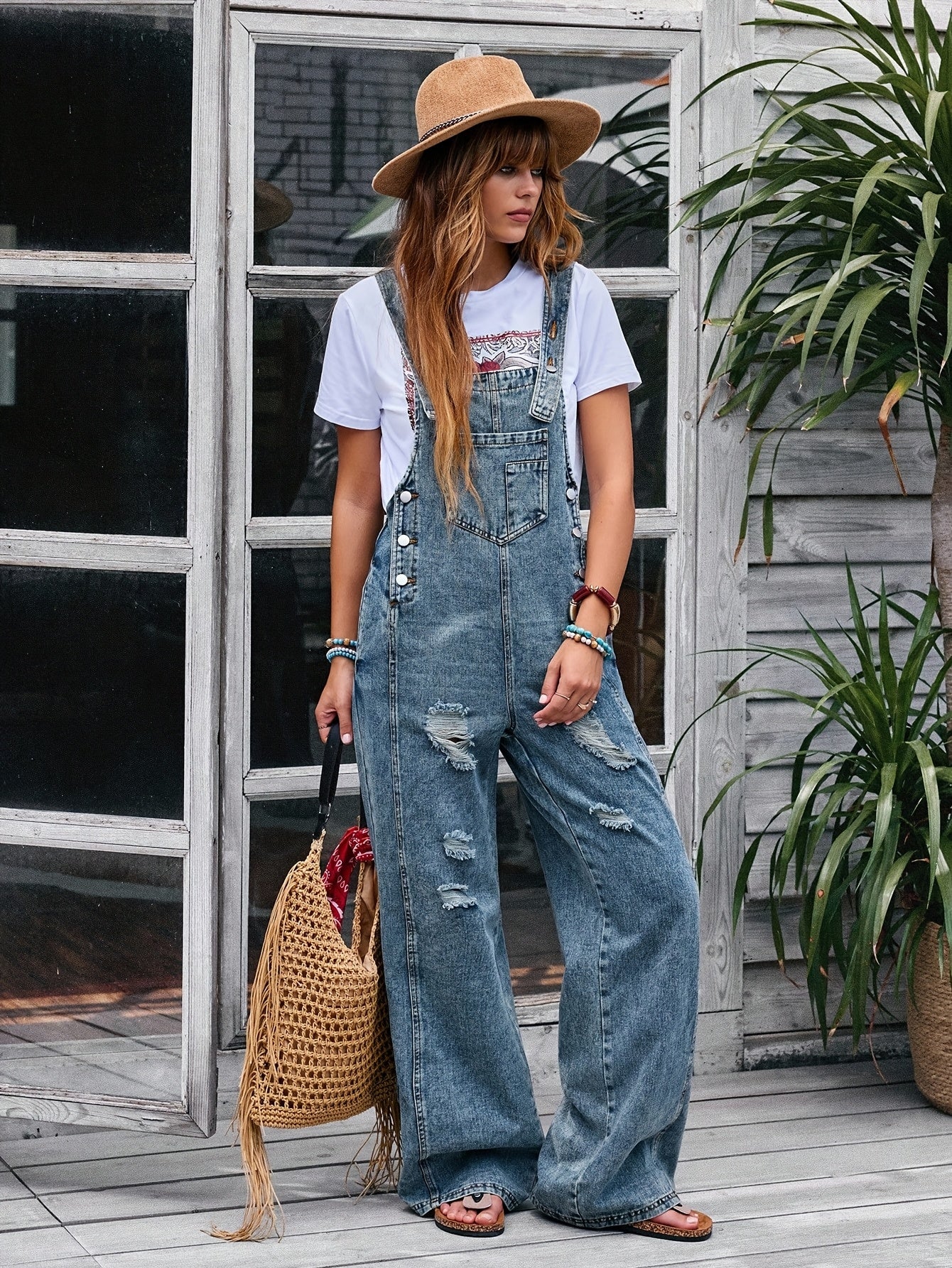 [Denim Jumpsuit] Women's Pocket Wide Leg Denim JumpsuitLadies' Casual Denim Jumpsuit, Loose And Adjustable Strap Pants, Denim Jumpsuit, Vest, Denim Jumpsuit, Skirt Strap Pocket