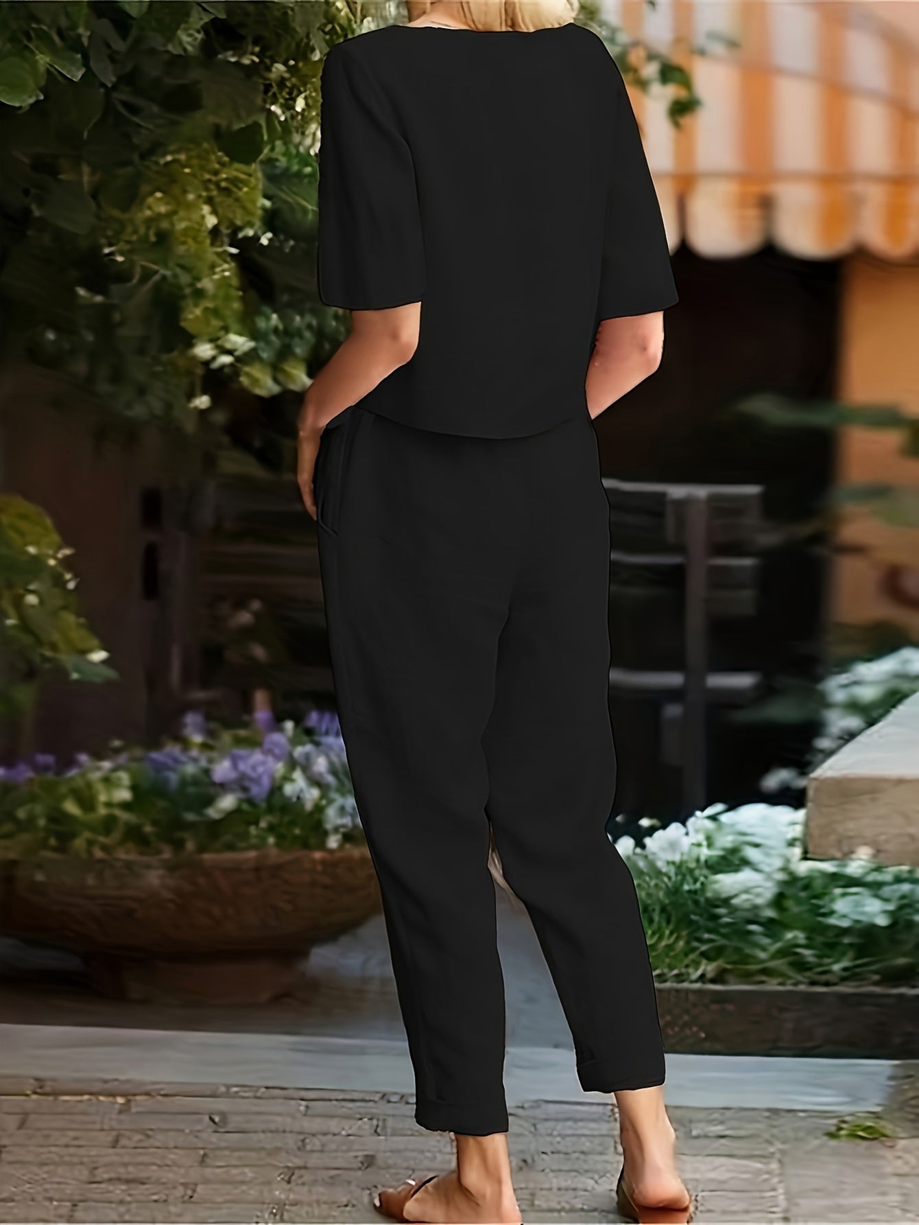 Women'S Casual Pants Suits, 2pcs Short Sleeve Top And Lace-Up Cuffed Ninth Pants, Loose Style for Daily Wear