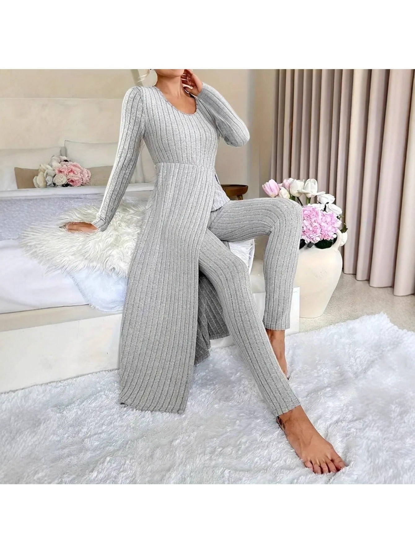 Women'S Heavyweight Fleece Two-Piece Set - Oversized Long Sleeve Lounge Outfit with Wide-Leg Pants, Cozy Winter Warmth, Soft Ribbed Texture & Minimalist Design for Home, Office, Casual Outings - Fall Winter Clothing (No Transparency