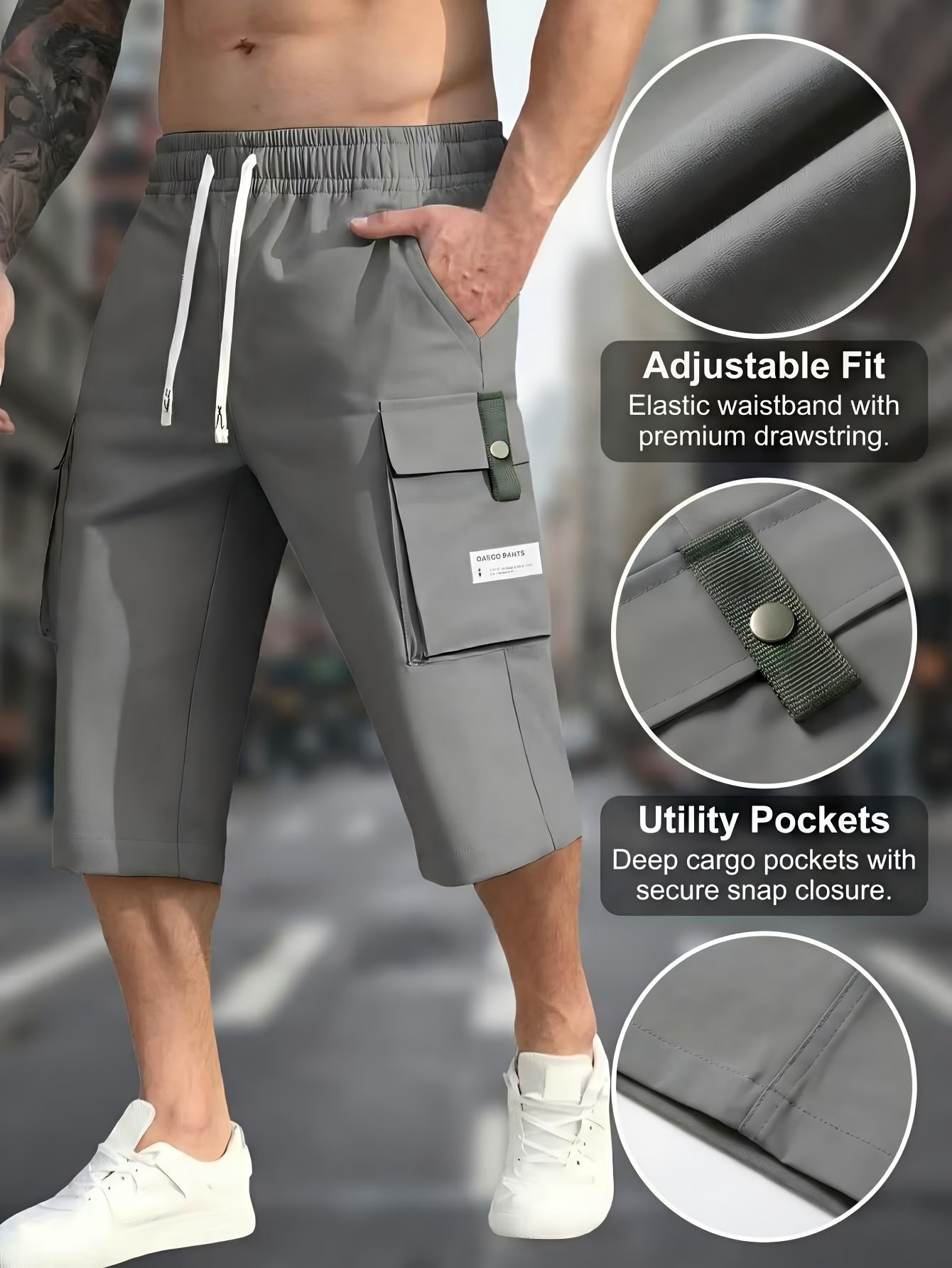 4pcs Men's Cargo Shorts with Ripstop Fabric & Multi-Pocket Design - Adjustable Waist, 7/8 Length Shorts Suitable for Outdoor Travel,, Sports, Casual Wear | Wristband Included | Machine Washable | Available in Black, Gray, Khaki, Army Green