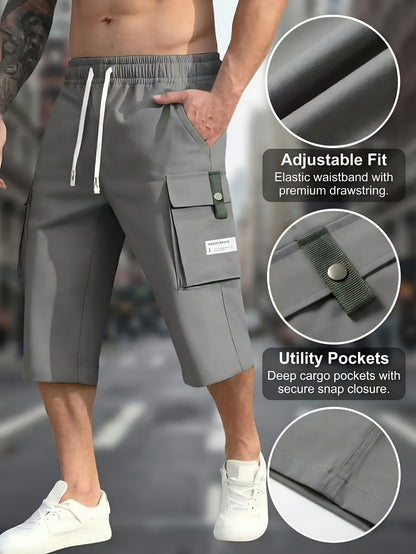4pcs Men's Cargo Shorts with Ripstop Fabric & Multi-Pocket Design - Adjustable Waist, 7/8 Length Shorts Suitable for Outdoor Travel,, Sports, Casual Wear | Wristband Included | Machine Washable | Available in Black, Gray, Khaki, Army Green