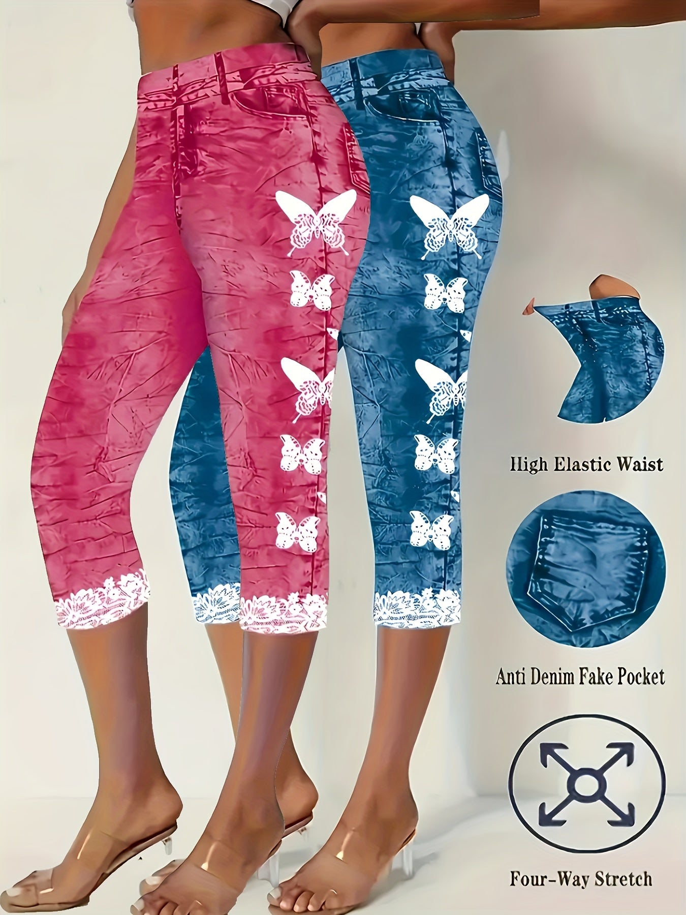 Two-Pack, Not Made of Faux Denim, Imitation It, Digital Print Capri Leggings, 3/4 Length, Elegant Style, Butterfly Pattern, Suitable for All Seasons, Adult Use, Skinny Fit, Four-Way Stretch, with Anti-Faux Denim Fake Pocke