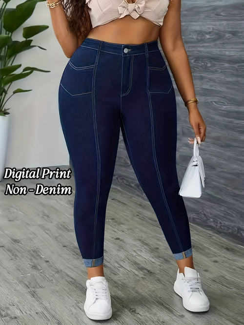 [Printed Pants - Not Denim Fabric]Plus Size - [Printed Pants - Not Denim Fabric]Plus Size - Plus Size, [Denim Print/Imitation Denim] Women'S Plus Size High-Waisted Stretch Skinny Jeans - Wash Blue Imitation Denim Leggings with Belt-Like Waist