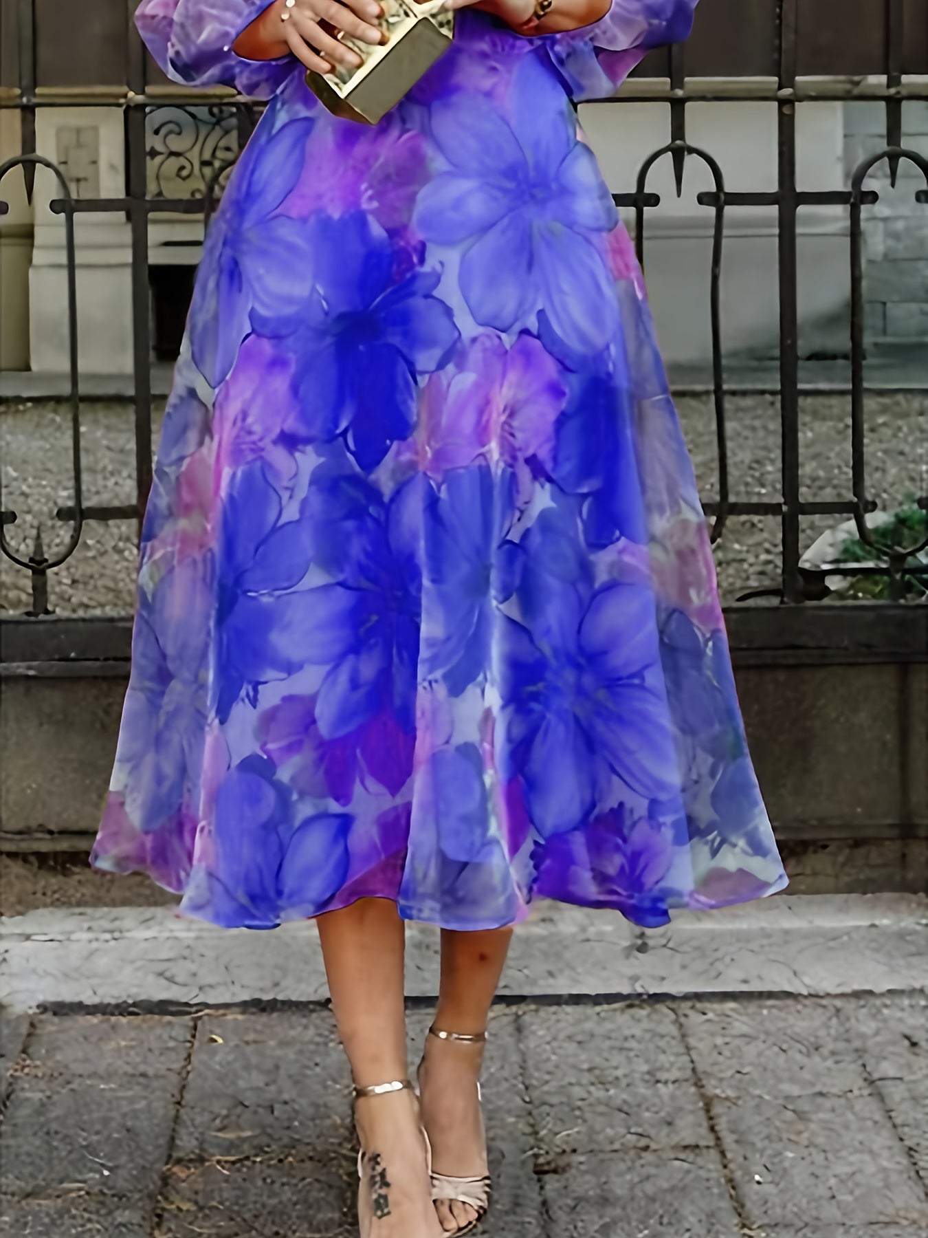 [Wedding Guest Party] Women's Floral Print Chiffon Maxi Dress - Elegant Ombre Gradient Long Sleeve Dress with Back Zipper, Wedding Guest Party Dress, Flowy Sunset Dress
