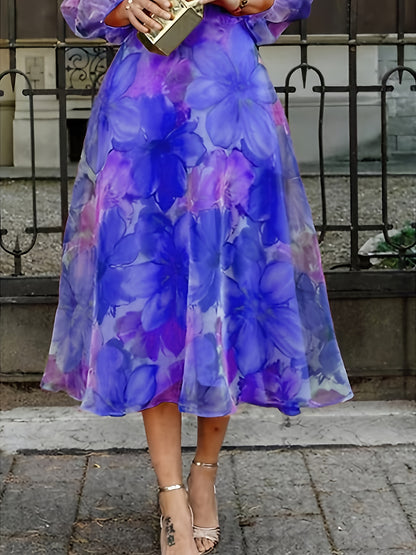 [Wedding Guest Party] Women's Floral Print Chiffon Maxi Dress - Elegant Ombre Gradient Long Sleeve Dress with Back Zipper, Wedding Guest Party Dress, Flowy Sunset Dress