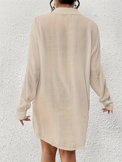 Women's Plus Size Beach Cover-Up Shirt, Casual Style Long Sleeve Swimwear, Solid Color Cardigan for Seaside Vacation