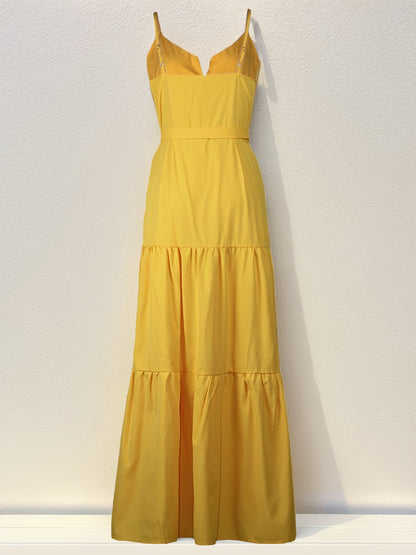 [Summer Suspender Dress] Level 1 Directional Women's Summer Solid Color Buttoned Waist Layered Suspender Dress