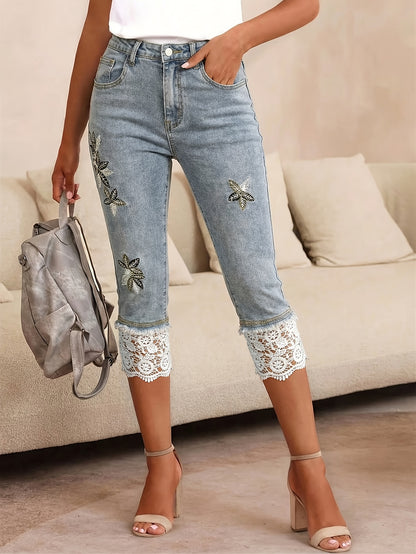 Women's High-waisted Embroidered Lace-trimmed Denim Capri Pants, Light Blue, Retro Sweet And Cool Style, Slim Fit, Versatile for Casual Attire, Commuting, And Dates, Suitable for Spring And Summer.