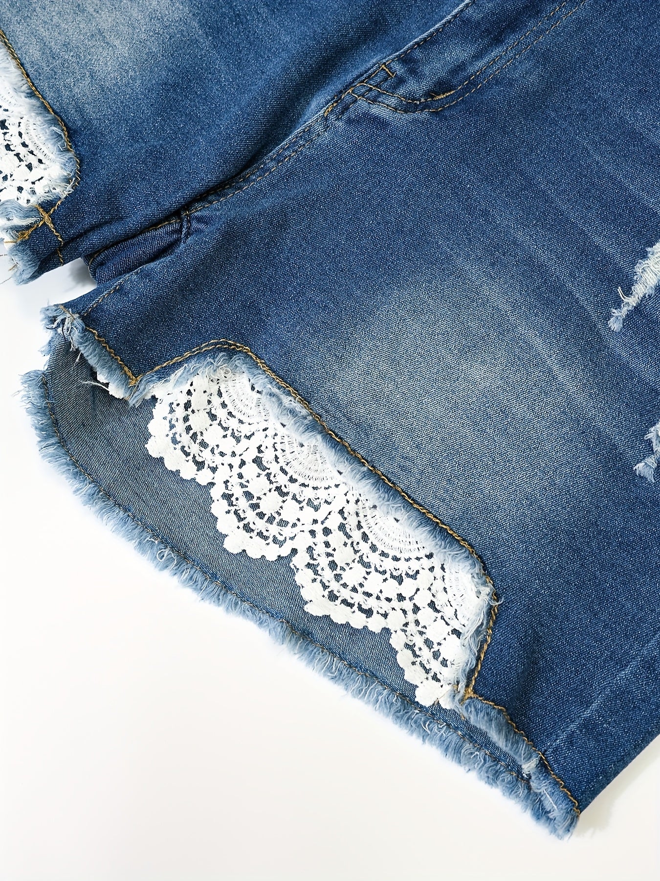 Oversized Distressed Lace Denim Cutoffs