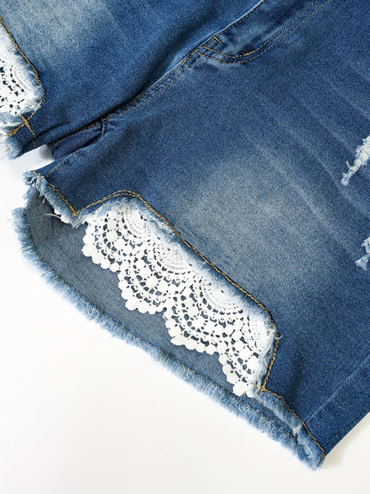 Oversized Distressed Lace Denim Cutoffs