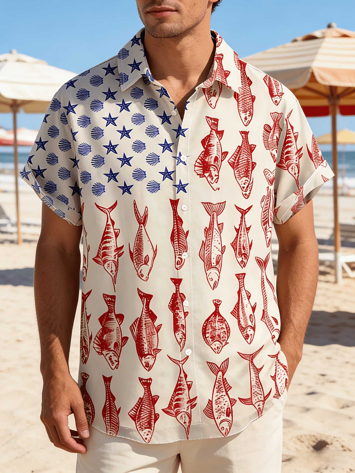 Fish Star Men'S Print Beach Shirt | Fishing-themed Short Sleeve Button-Up with American Flag Pattern and Red Fish Elements, Lightweight and Breathable Fabric, Casual Style, Perfect for Vacation and Street Style, Ideal Boyfriend Gift, Plus Size