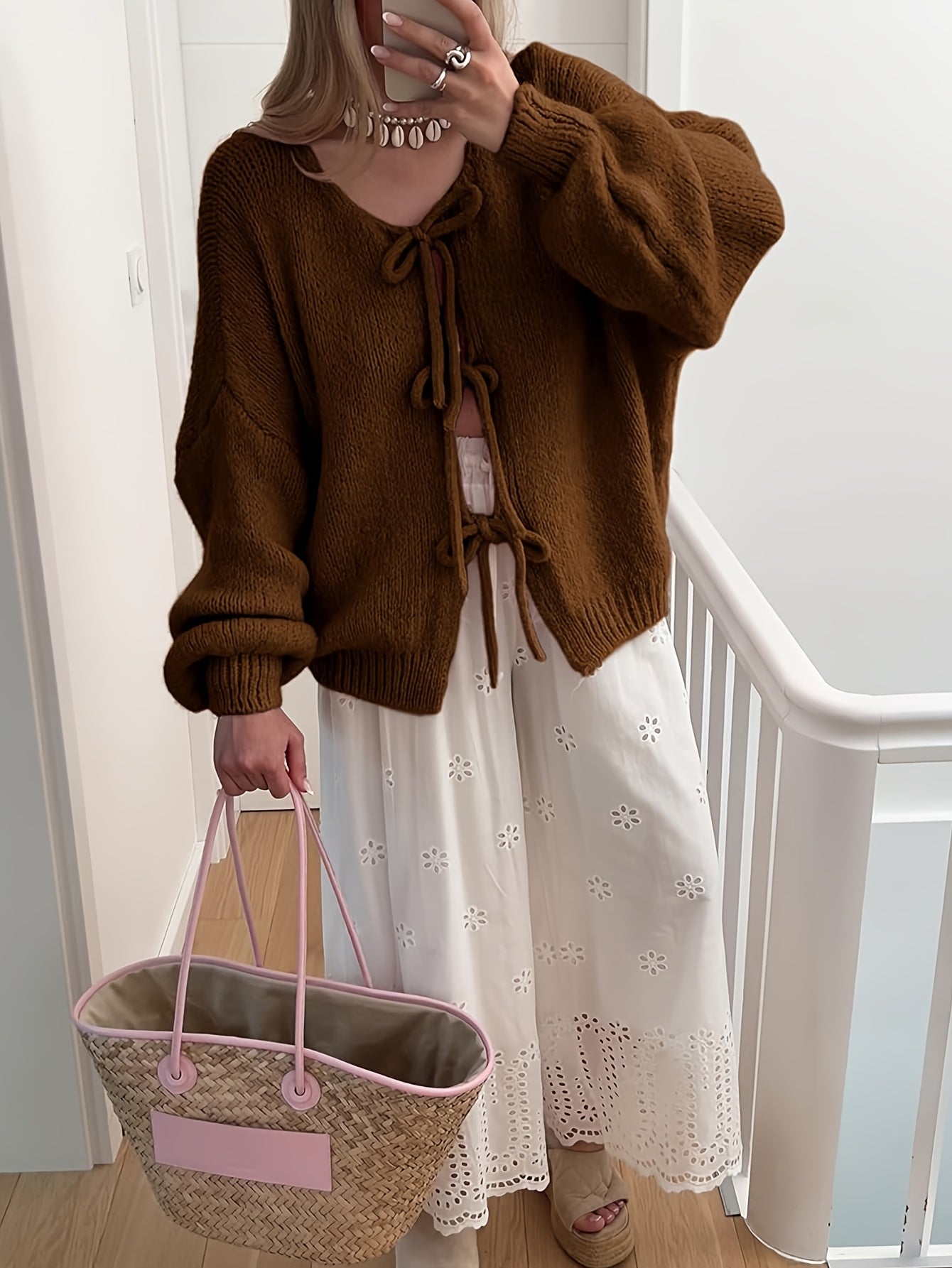 Women'S Oversized Bowtie Sweater Cardigan with Y2K Vibe Long Sleeves V Neck Open Front Casual Wear