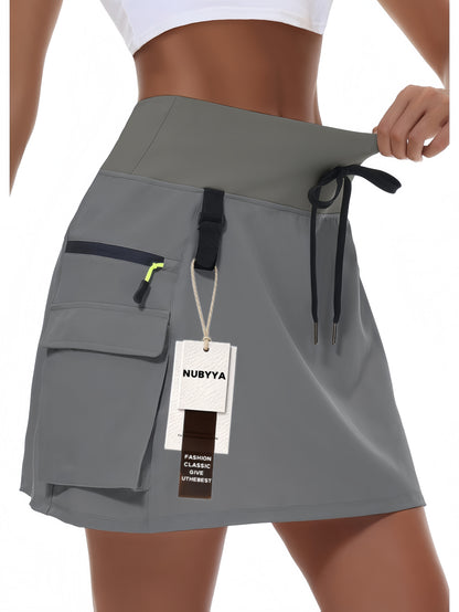 Women's New Summer Polyester Quick-Dry Hiking Workwear Skirt, Outdoor Sports Elastic Waistband Zipper Pocket Tennis Skirt, Golf Quick-Dry Skort