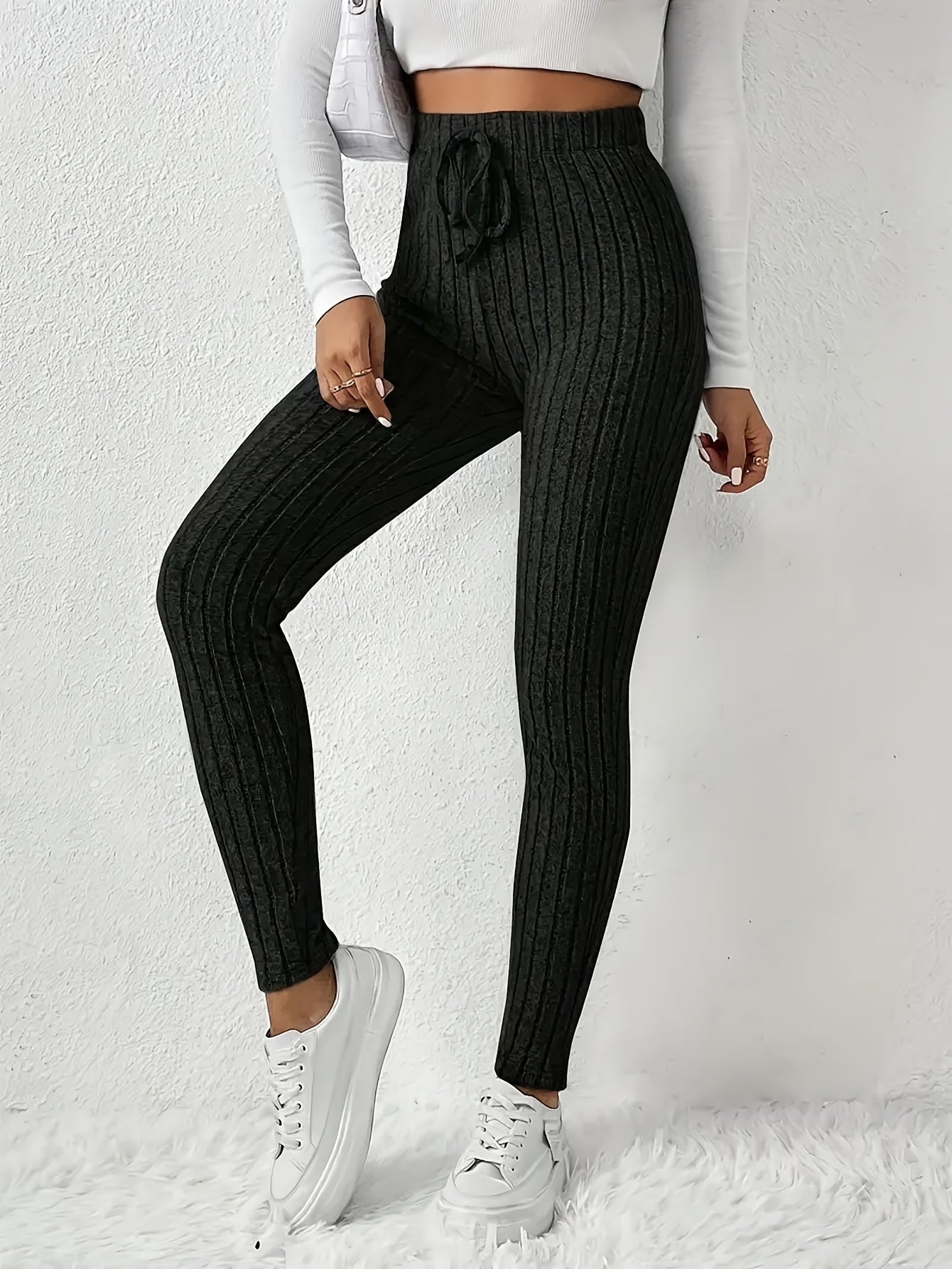 Women'S High - Waist Ribbed Leggings - Stretchy Slim Fit, Drawstring Detail, Casual Solid Color Pants for All Seasons