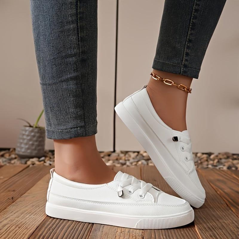 [Non-Slip White Sneakers] Women's Non-Slip White Fashion Sneakers - Wide Toe Lace-Up PU Skate Shoes, Lightweight and Wear-Resistant Outsole Wide-Fit Comfortable Casual Shoes, Shock-Absorbing Soles, Suitable for Daily Commute, Campus, Travel, Outdoor Activ