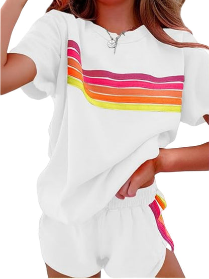 2pcs Set Elevate Your Style with Our Chic Color-Block Shorts Set in White, Blue, Pink, Or Light Brown