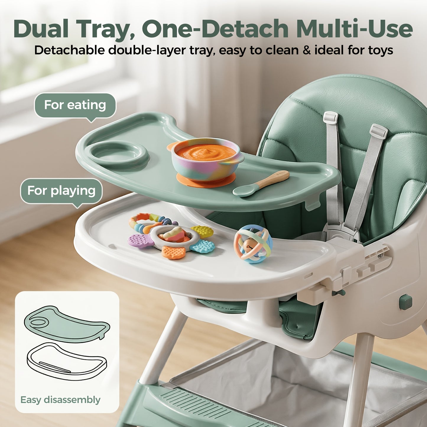 6-in-1 Foldable Baby High Chair with Adjustable Height, 3-Position Trays & Adjustable Foot Rest - Detachable PU Cushion, 5-Point Harness, High Chairs for Babies And Toddlers, Detachable Harness, Toddler Seating, Spacesaving Furniture