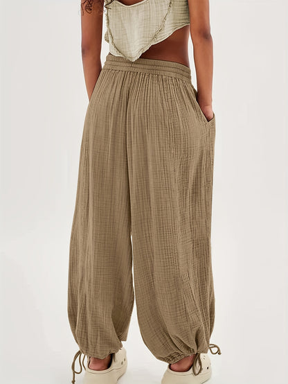Spring And Summer Women's Casual Pants, Khaki, Pocket, Wide Leg, Tie, Loose, Daily Commuting Wide Leg Pants Womens Summer Clothes