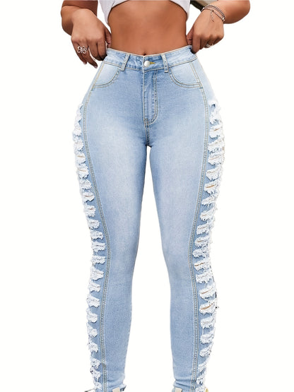 Extra Large Size Blue Jeans | High Waist Elastic Tight Hip Lifting Sexy Pencil Pants, Ripped Details, All-season, Machine Washable, Comfortable Fabric, Fashionable and Casual