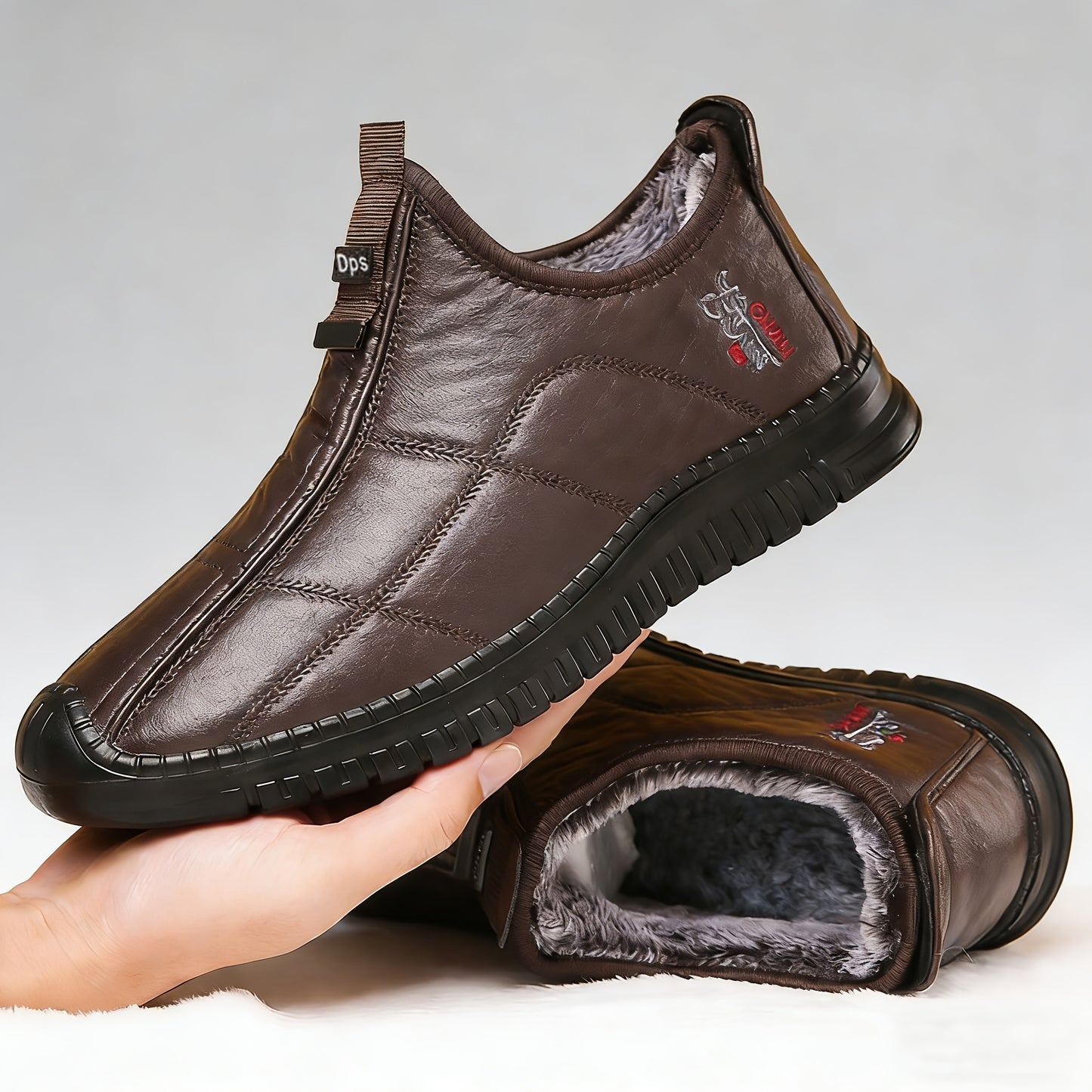 Men's Winter Warm Fleece-Lined Slip-On Walking Shoes, Casual Solid Color Mid-Top Fabric Sneakers with Round Toe and Anti-Slip PU Sole for Daily Use- Fall/Winter Collection