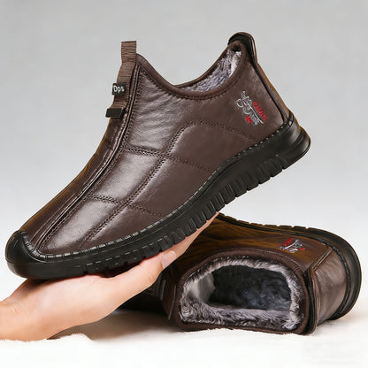 Men's Winter Warm Fleece-Lined Slip-On Walking Shoes, Casual Solid Color Mid-Top Fabric Sneakers with Round Toe and Anti-Slip PU Sole for Daily Use- Fall/Winter Collection