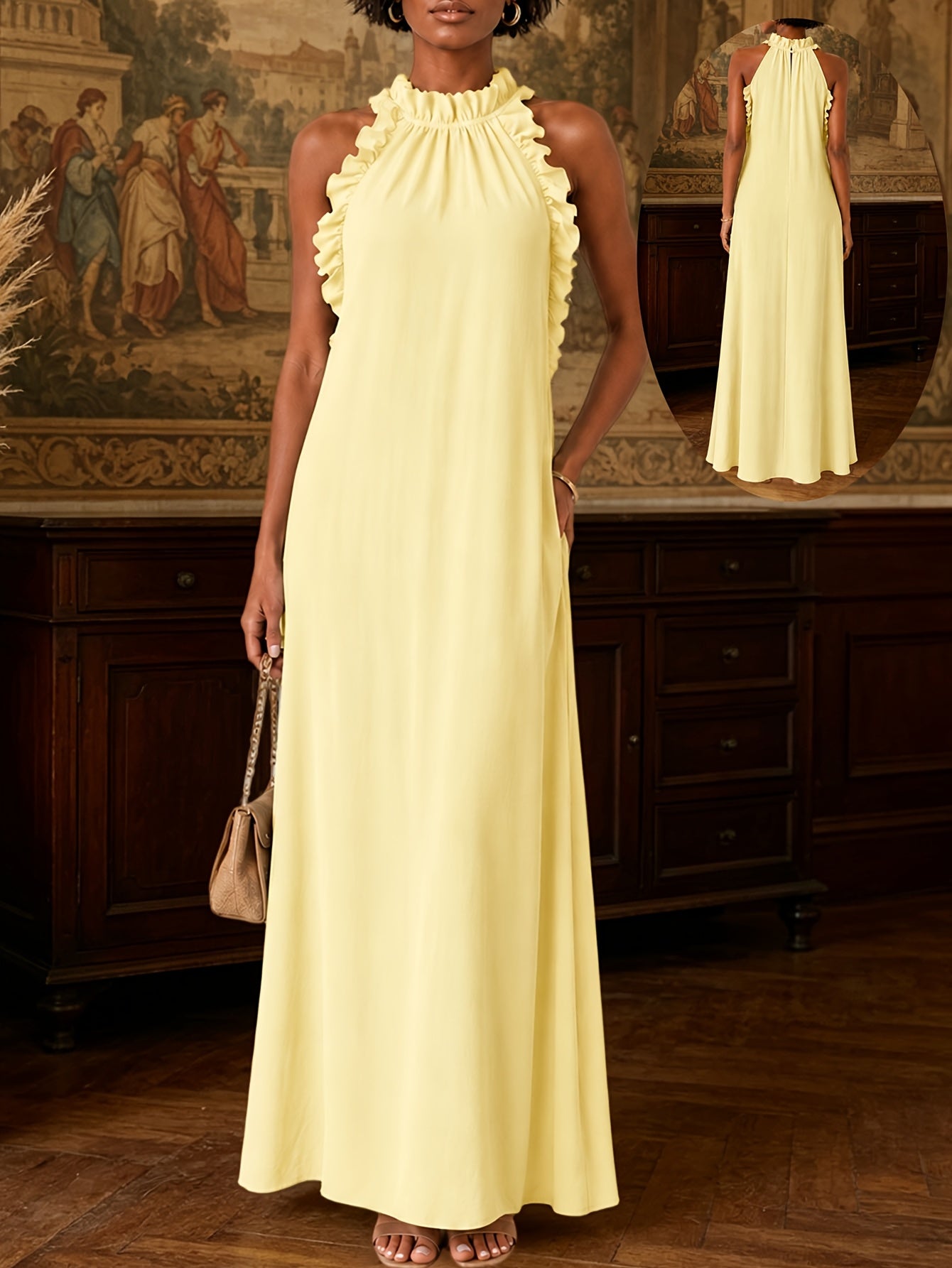 Summer Vacation Style Leaf-Edge Halter-Neck Sleeveless Dress