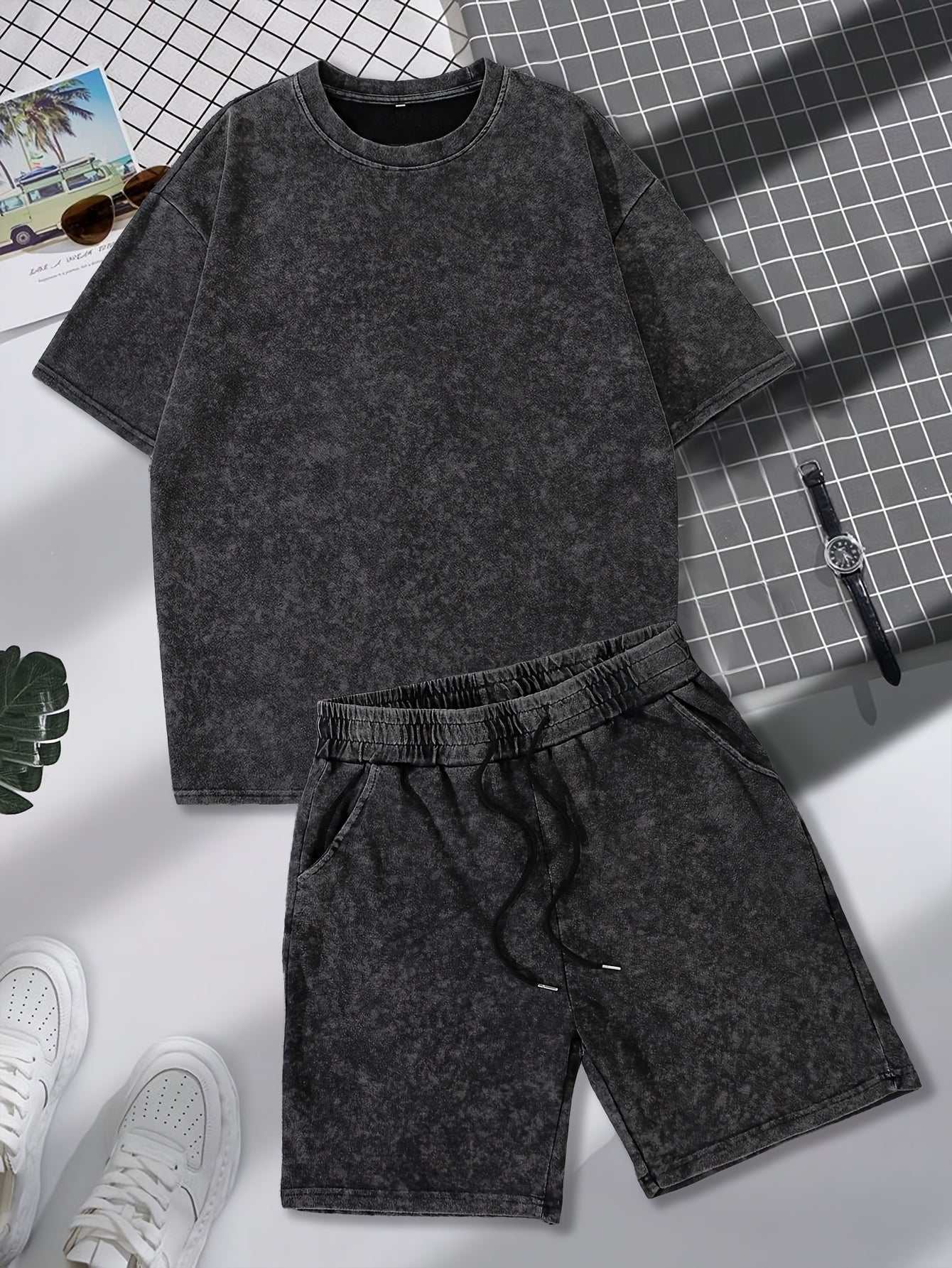 Men's Fashion Washing Process Retro Fried Snowflake Short-sleeved Shorts Set, Trend Printing, Casual and Comfortable