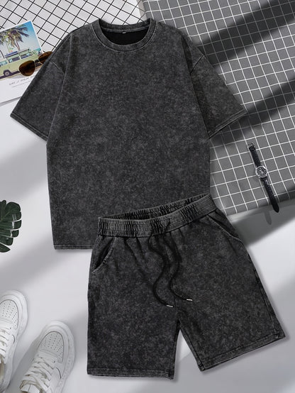 Men's Fashion Washing Process Retro Fried Snowflake Short-sleeved Shorts Set, Trend Printing, Casual and Comfortable