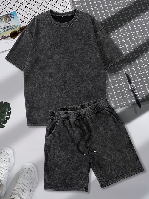 Men's Fashion Washing Process Retro Fried Snowflake Short-sleeved Shorts Set, Trend Printing, Casual and Comfortable