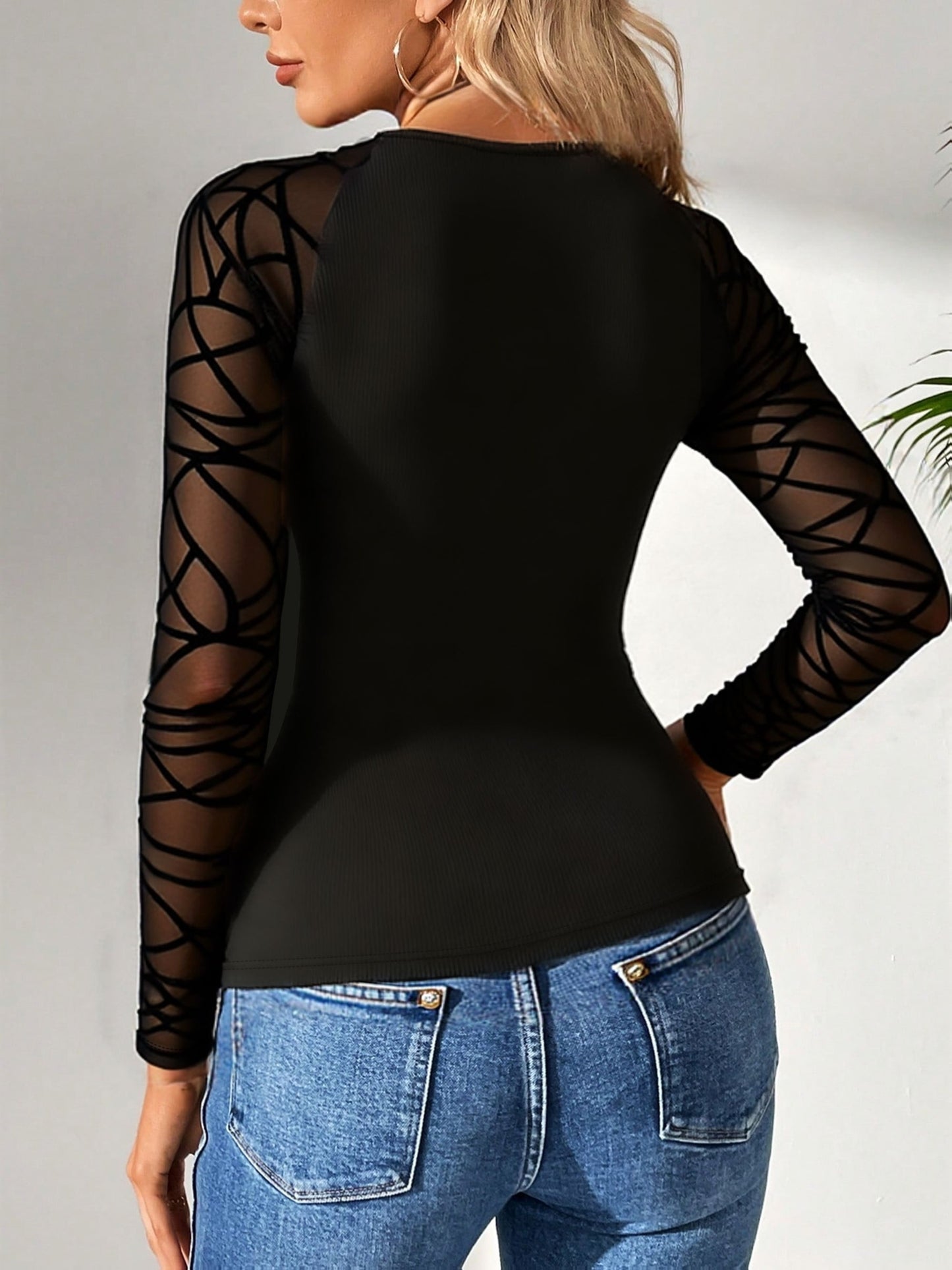Women's Slim Fit Long Sleeve T-Shirt - Stretchy Mesh Design with Contrast Mesh Panels, Round Neck Casual Top for Spring/Fall, Office, Party