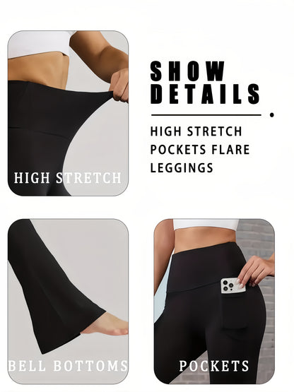 Set of 3 Ultra Comfortable High-Rise Flared Trousers - Women'S Tummy Shaping Bootcut Leggings Featuring Pockets