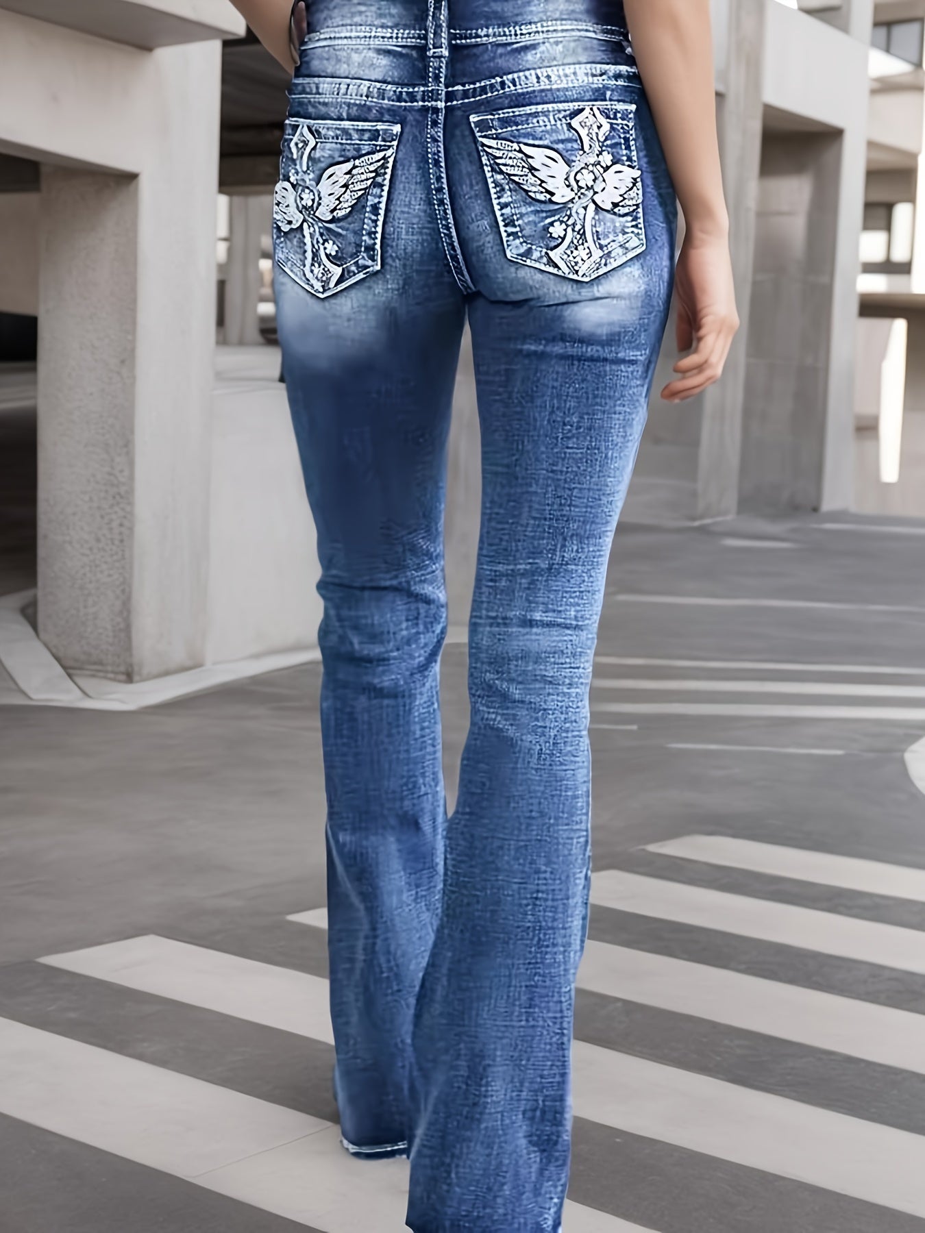 New High-Waisted Fashionable And Versatile Stretch Jeans for Fall 2024, Comfortable And Slim Embroidered Bootcut Jeans in Blue