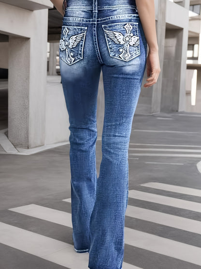 New High-Waisted Fashionable And Versatile Stretch Jeans for Fall 2024, Comfortable And Slim Embroidered Bootcut Jeans in Blue