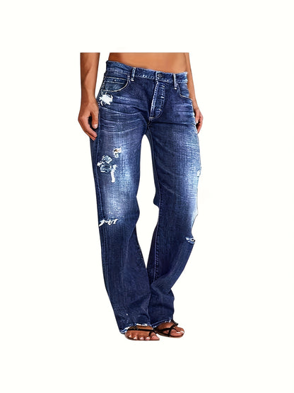 1 Women's Ripped Flare Wide Leg Slightly Stretchy Jeans - Fashion Distressed Casual Streetwear - US Size XS-XXL