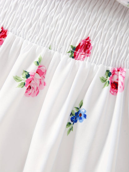 Girls Summer New Ruffles Floral Print Irregular Hem Design Casual Dresses